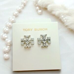 Tory Burch Elegant Silver Stud Earrings with Pearl and Diamond
